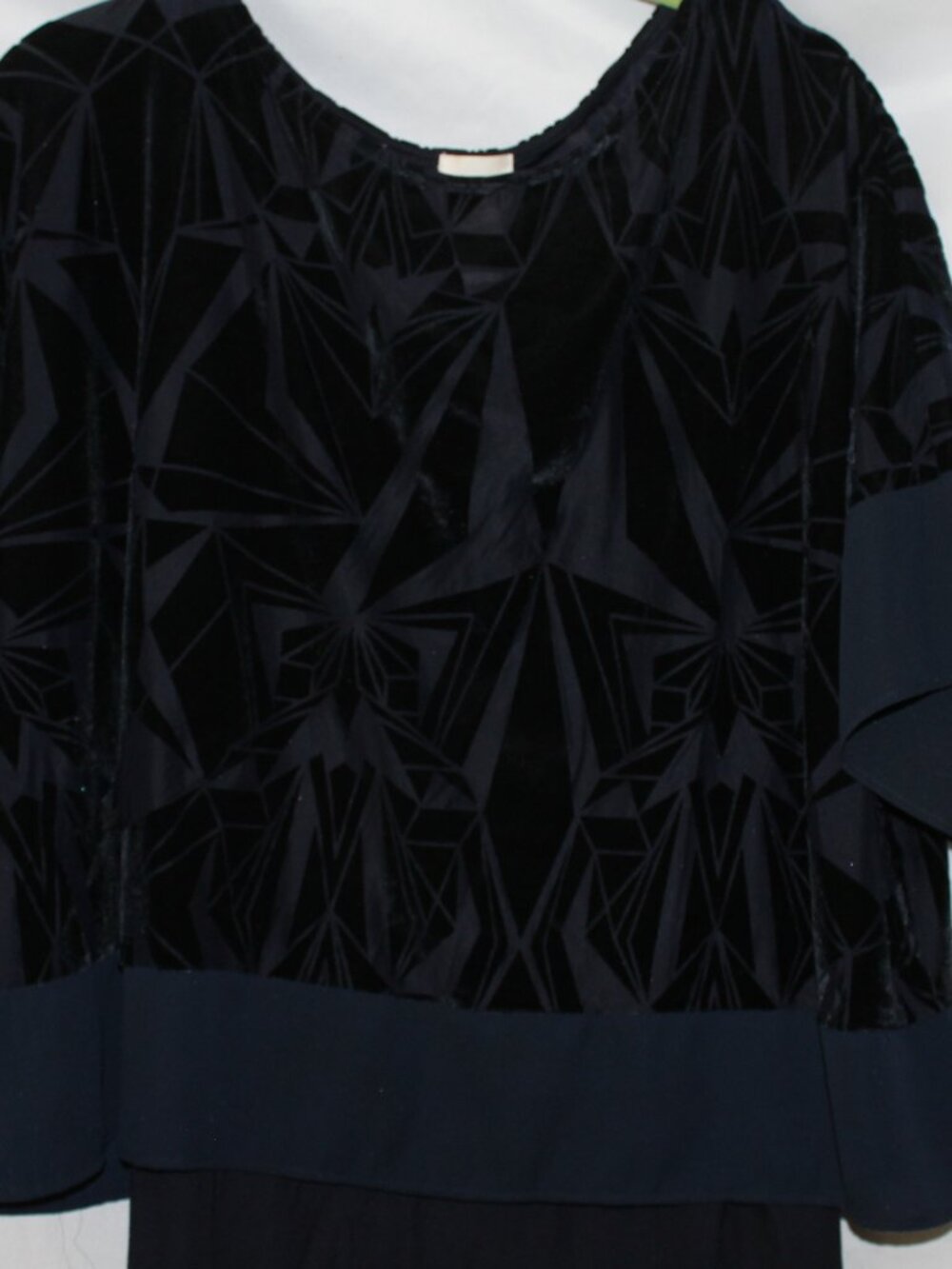 Chico's navy blue velvet burnout geometric layered dolman sleeve top